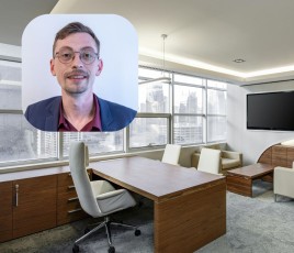 Salon bureau avec incrustation du portrait de Léo Perez, expert en éclairage travaillant chez Clareo