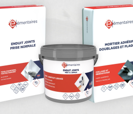 Nouvelle gamme d'enduits et mortiers plâtre sous MDD "Les Élémentaires" - France Matériaux.