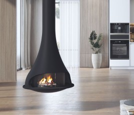 Cheminée bois suspendue dans salon ouvert Marque JC Bordelet Modèle Tatiana 997