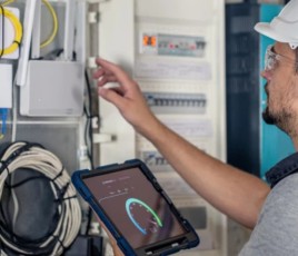 Électricien intervenant sur un chantier de rénovation énergétique.