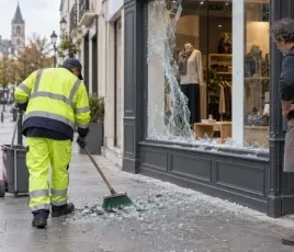 Agent municipal nettoyant devant une boutique endommagée