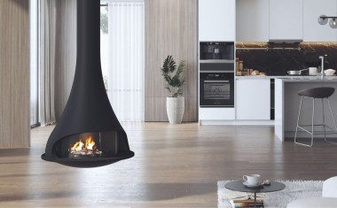 Cheminée bois suspendue dans salon ouvert Marque JC Bordelet Modèle Tatiana 997