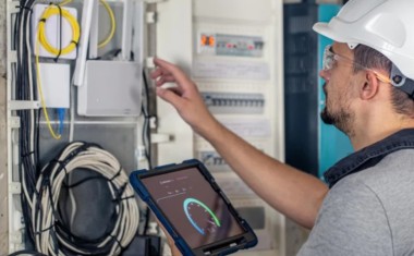 Électricien intervenant sur un chantier de rénovation énergétique.