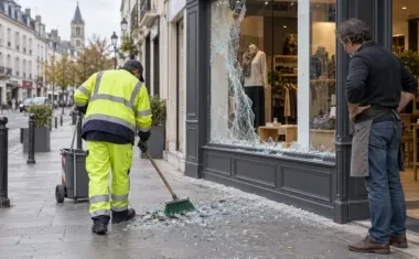 Agent municipal nettoyant devant une boutique endommagée