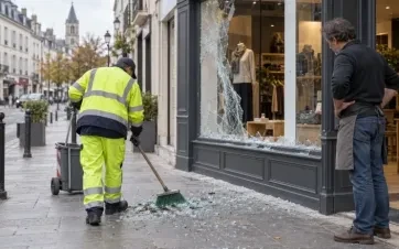 Agent municipal nettoyant devant une boutique endommagée
