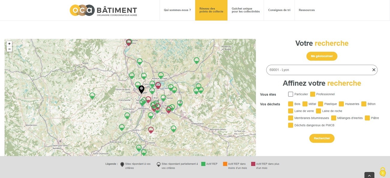 Ocab - Carte du réseau de déchetteries REP dans le Rhône.