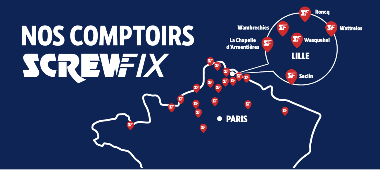 Carte d'implantation des agences Screwfix en France.