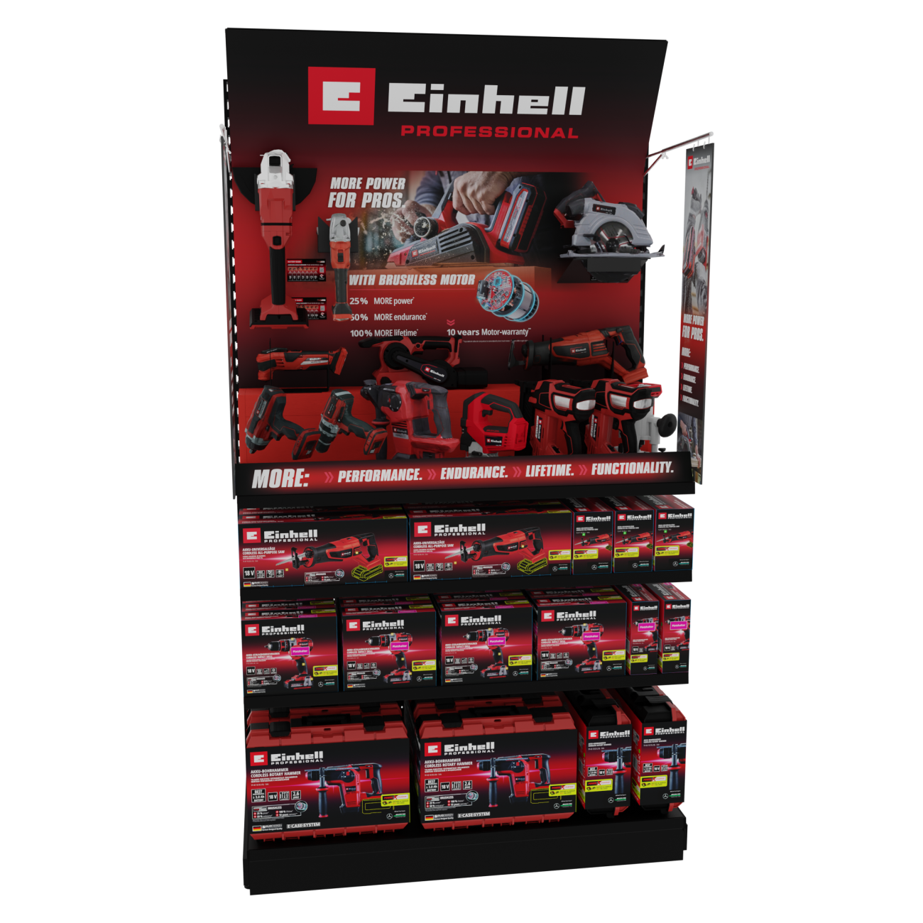 Présentoir de la gamme Einhell Professional destiné aux négoces Bâtiment.