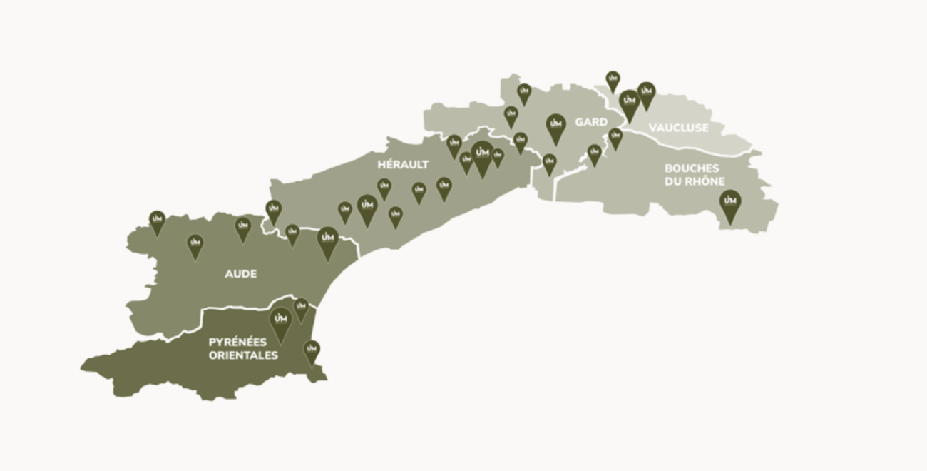 Carte des implantations des agences Union Matériaux. Avec 40 agences (hors rachat de La Maison Gomez), le distributeur est présent sur tout l’arc méditerranéen.