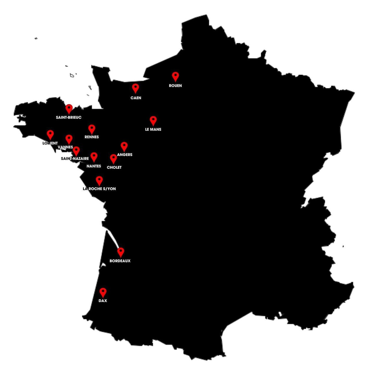 Carte des implantations d'Aditec au 04/07/2025.