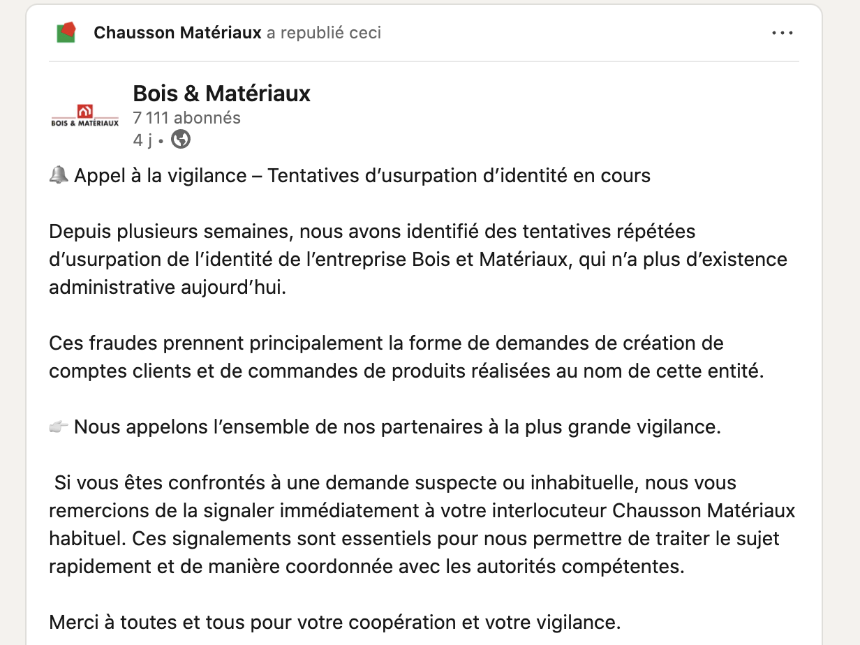 Post de Chausson Matériaux pour tentatives d'usurpation d'identité.