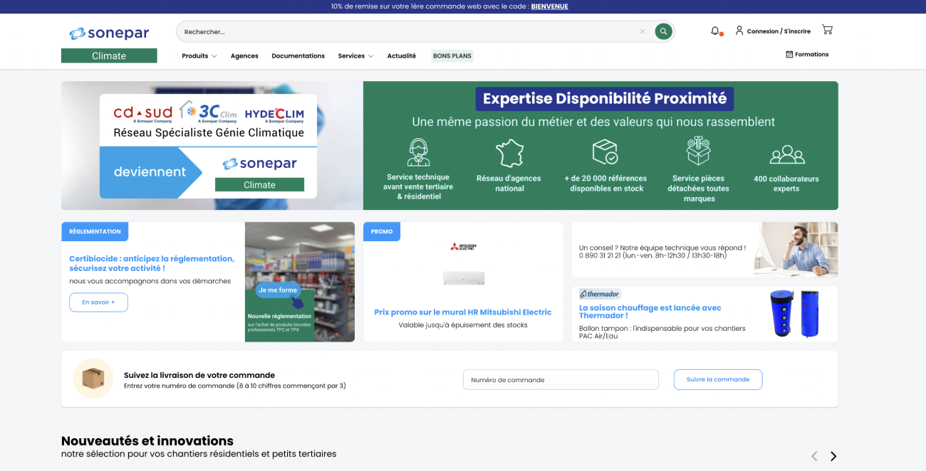 Site marchand de Sonepar Climate : CD Sud, 3C Clim et Hydeclim.