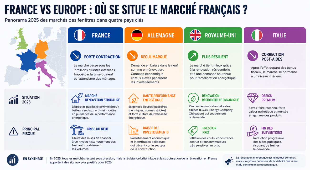 Étude comparative du marché des fenêtres entre la France, l'Allemagne, le Royaume-Uni et l'Italie.